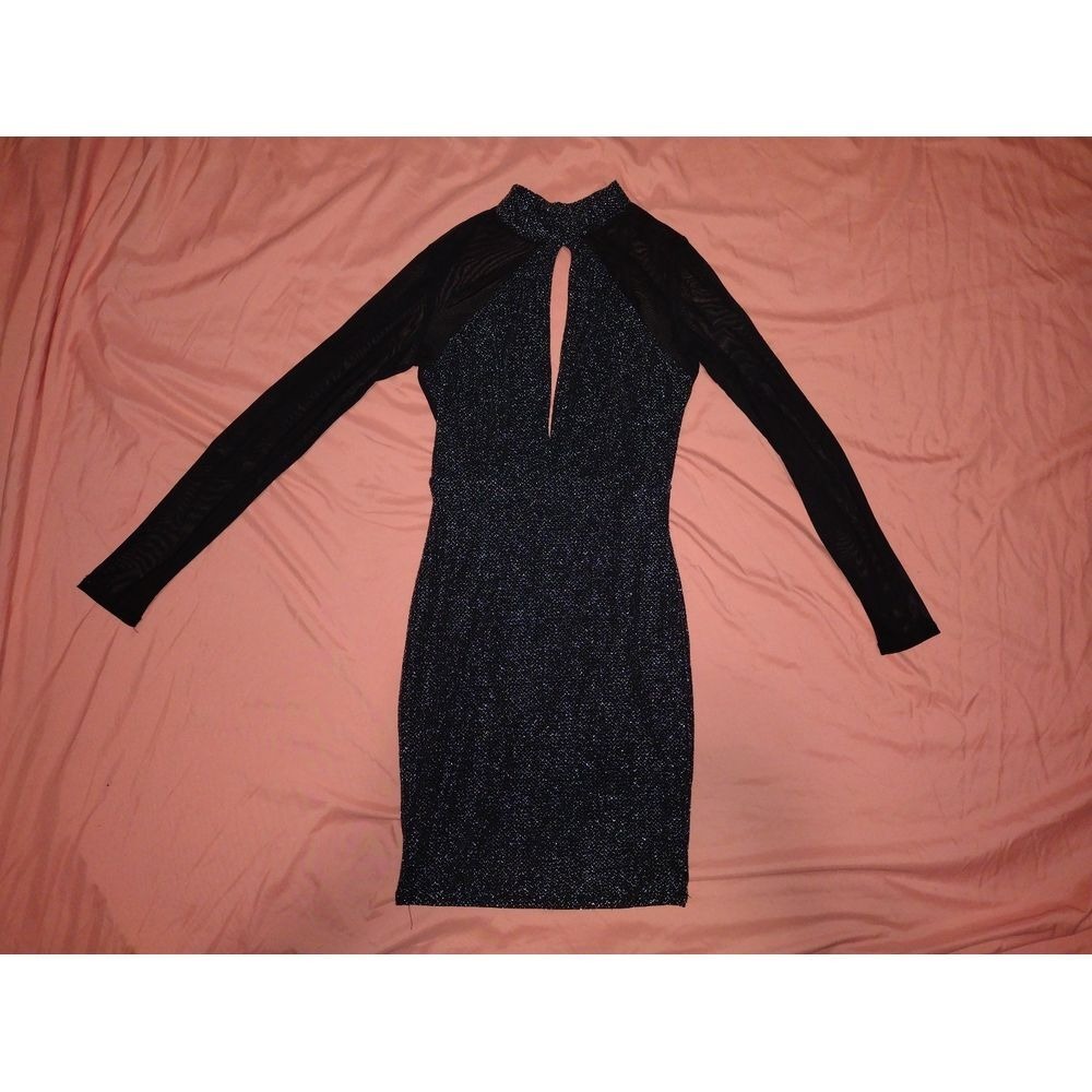 The Vintage Shop Black‎ Sparkle Mesh Sleeve Cutout Mock Neck Mini Dress